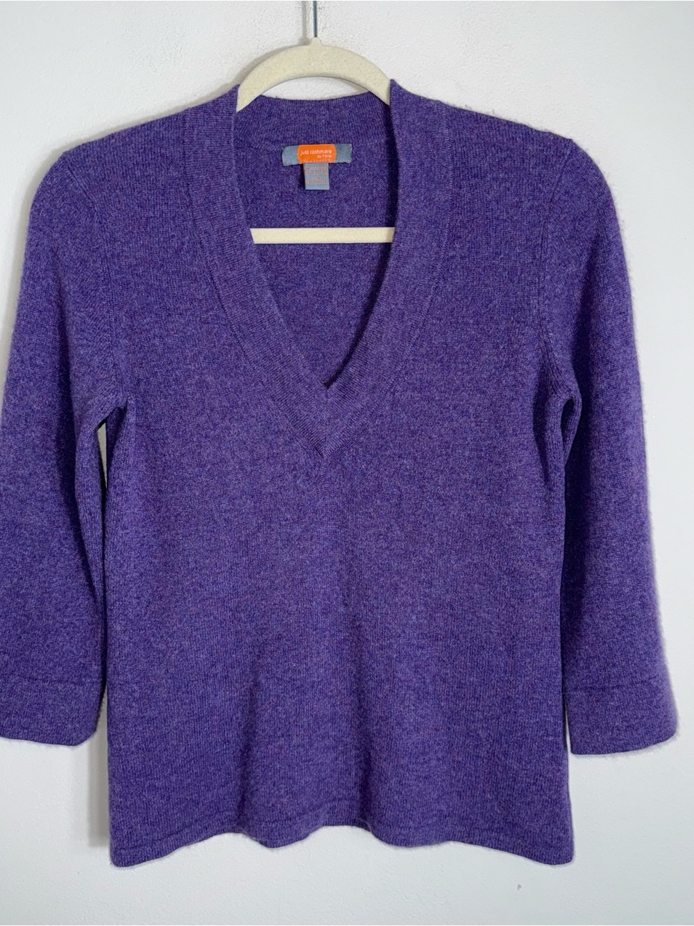 Forte Just Cashmere 100% Cashmere 3/4 Sleeve V-Neck Sweater-Purple-Size Medium